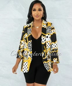 Vendor-unknown JUST IN Abedi White Black Gold Print Boyfriend Long Blazer