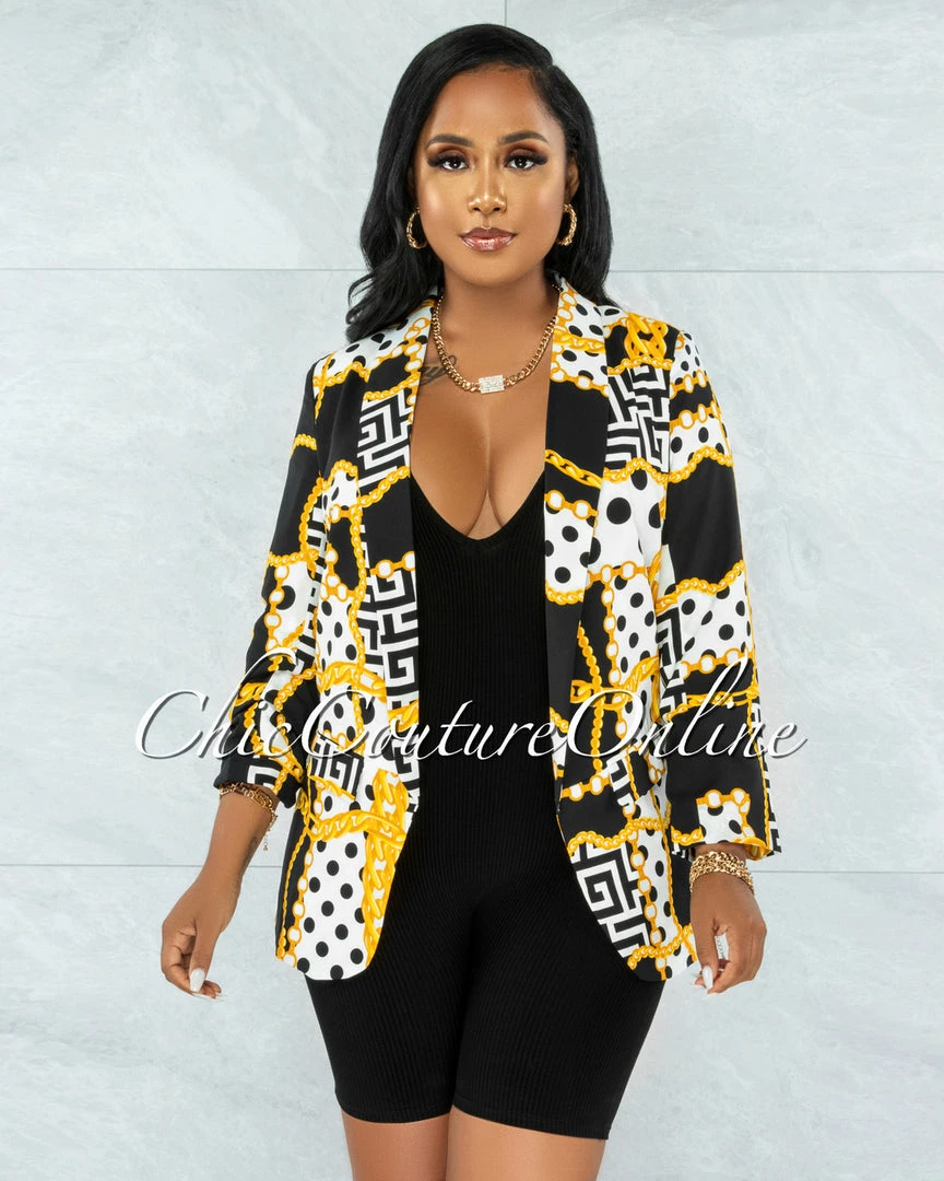Vendor-unknown JUST IN Abedi White Black Gold Print Boyfriend Long Blazer