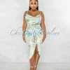 Chic Couture Online JUST IN Taisha Baby Blue Olive Print Ruched Silky Midi Dress
