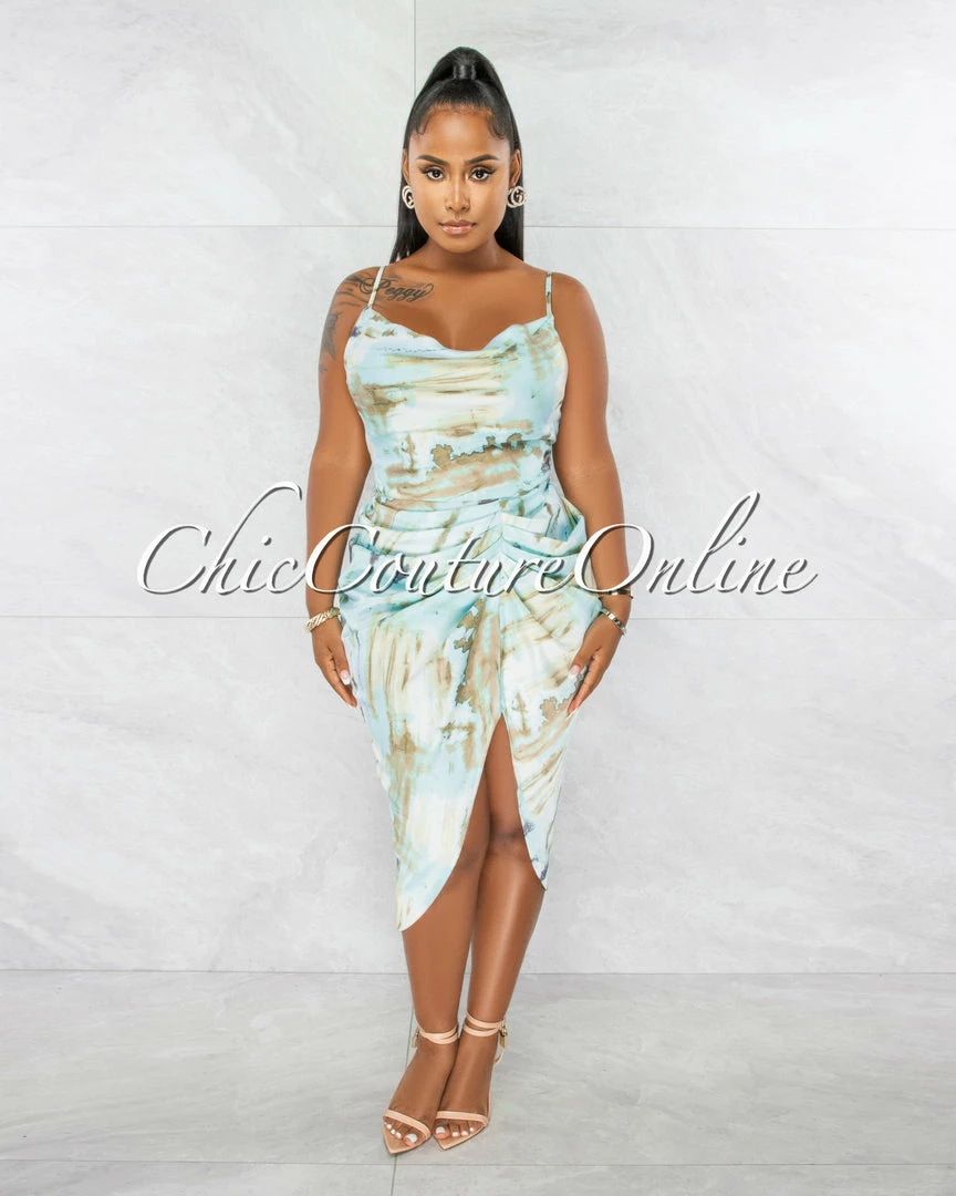Chic Couture Online JUST IN Taisha Baby Blue Olive Print Ruched Silky Midi Dress