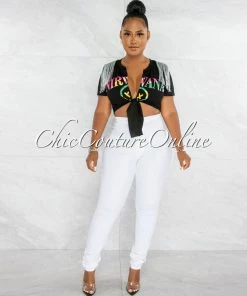 Chic Couture Online Nirvana Black Front Graphic Silver Shoulder Fringe Front Tie Shirt