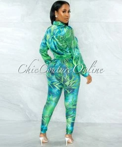 Vendor-unknown JUST IN Dabney Green Palm Print Satin Shirt & Leggings Set