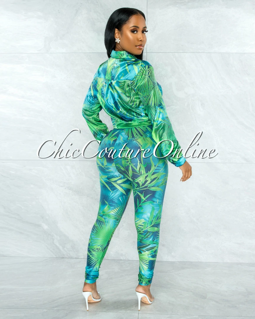Vendor-unknown JUST IN Dabney Green Palm Print Satin Shirt & Leggings Set