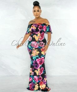 Chic Couture Online JUST IN Connely Black Fuchsia Floral Off-The Shoulder Maxi Dress