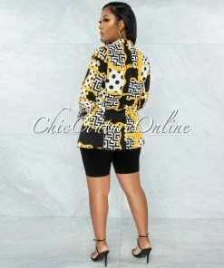 Vendor-unknown JUST IN Abedi White Black Gold Print Boyfriend Long Blazer