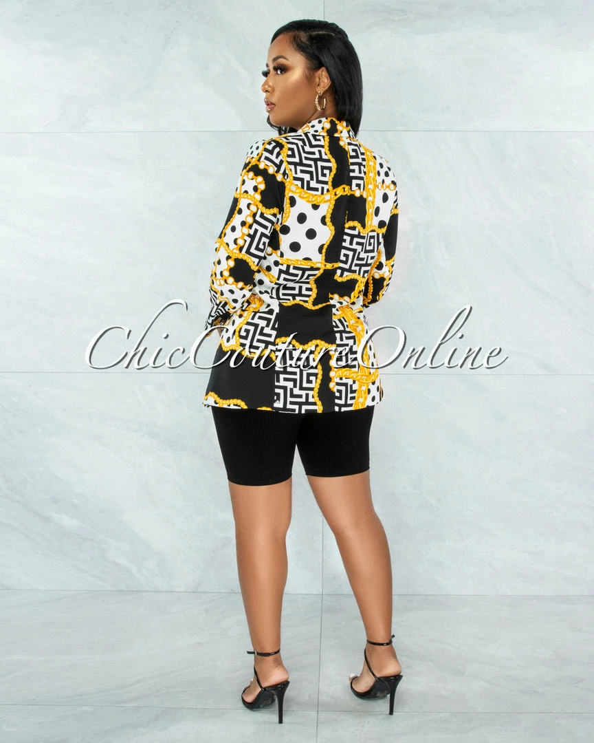 Vendor-unknown JUST IN Abedi White Black Gold Print Boyfriend Long Blazer