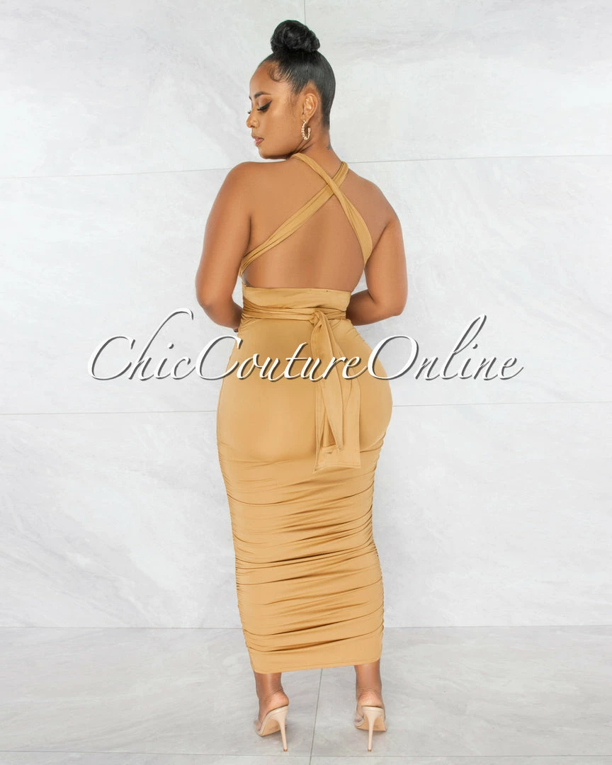 Chic Couture Online JUST IN Fosta Gold Multi-Way Ruched Maxi Dress