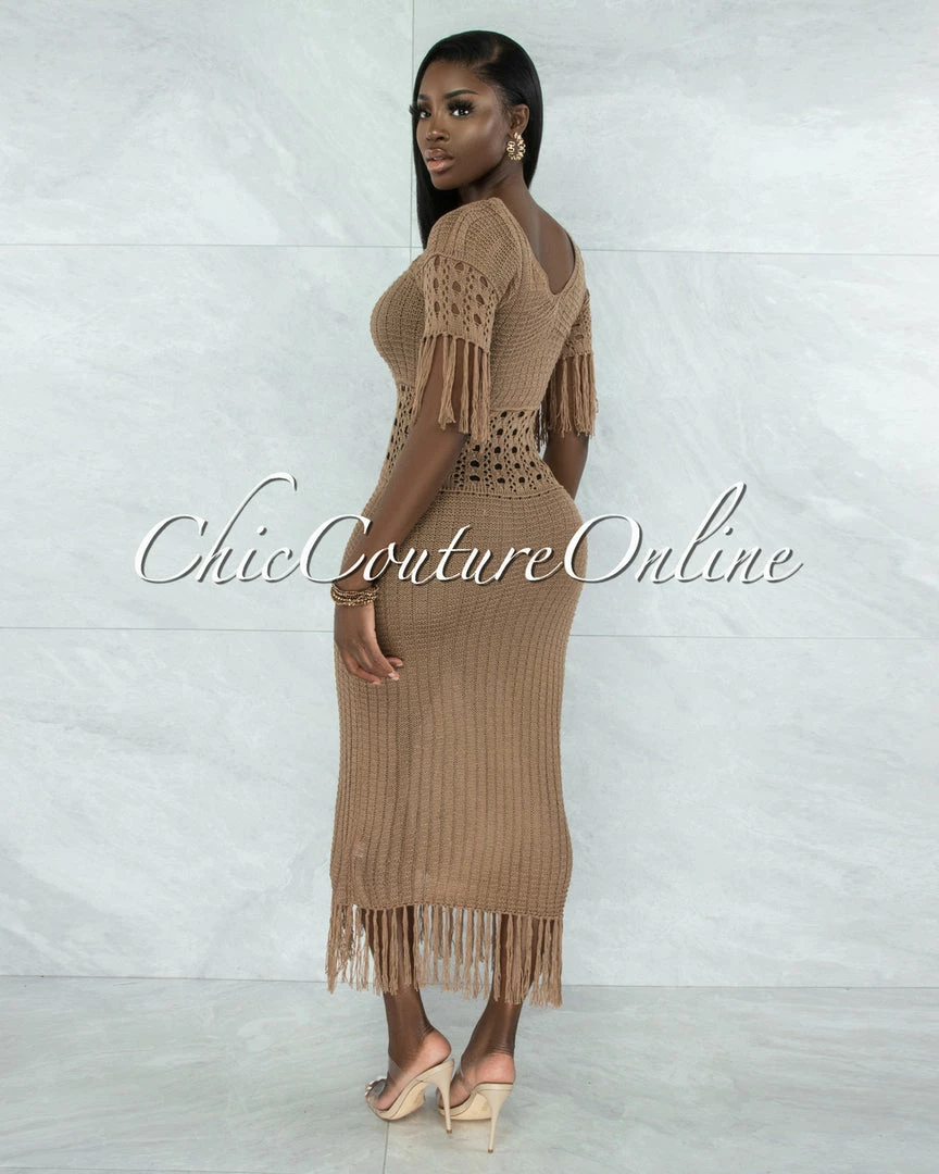 Vendor-unknown Casina Mocha Crochet Cover-Up Fringe Maxi Dress