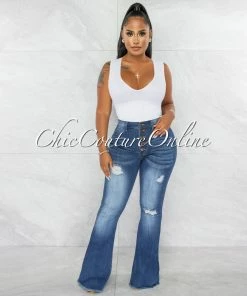 Chic Couture Online Claudia Medium Blue Denim High-Waist Bell Legs Jeans JUST IN