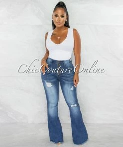 Chic Couture Online Claudia Medium Blue Denim High-Waist Bell Legs Jeans JUST IN