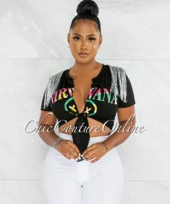 Chic Couture Online Nirvana Black Front Graphic Silver Shoulder Fringe Front Tie Shirt