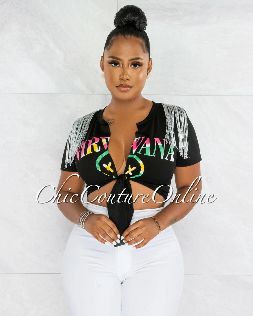 Chic Couture Online Nirvana Black Front Graphic Silver Shoulder Fringe Front Tie Shirt