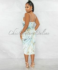 Chic Couture Online JUST IN Taisha Baby Blue Olive Print Ruched Silky Midi Dress