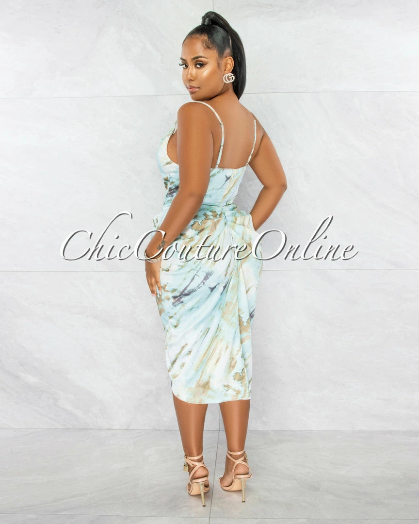Chic Couture Online JUST IN Taisha Baby Blue Olive Print Ruched Silky Midi Dress