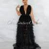 Chic Couture Online Elektra Black Tulle Tier Ruffle Maxi Dress