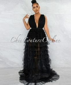 Chic Couture Online Elektra Black Tulle Tier Ruffle Maxi Dress