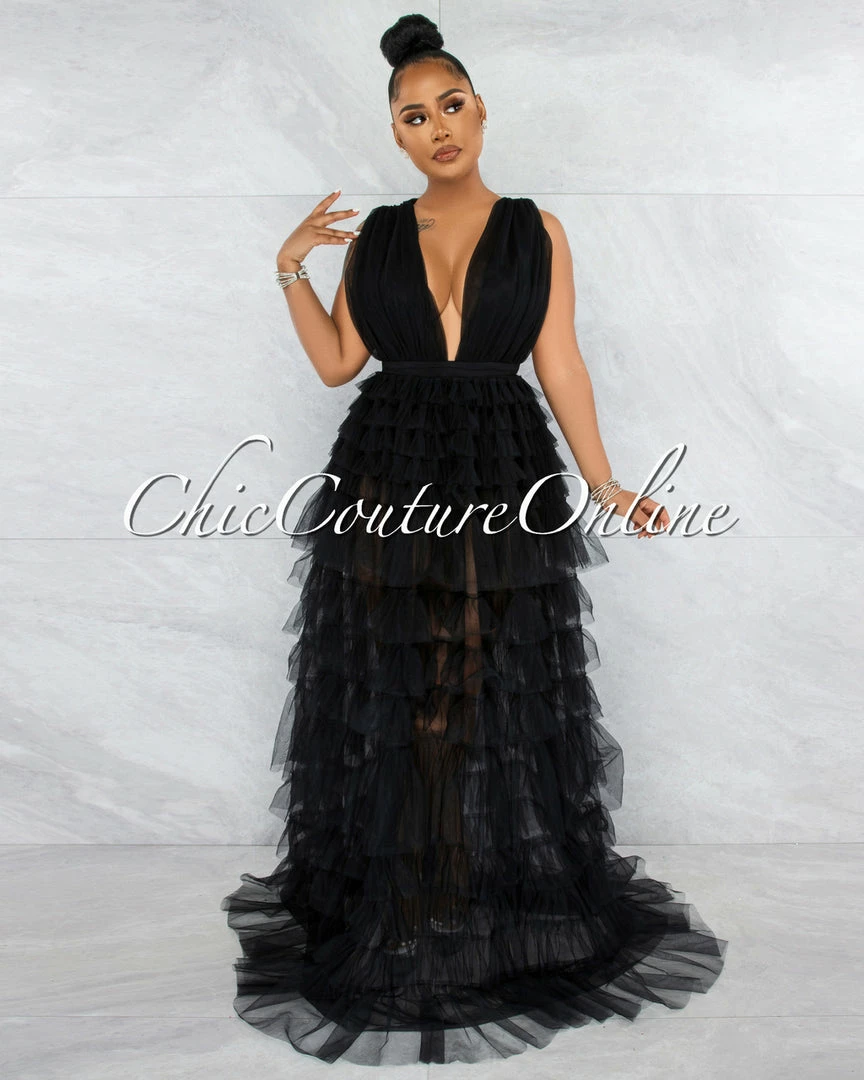 Chic Couture Online Elektra Black Tulle Tier Ruffle Maxi Dress