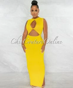 Chic Couture Online Libra Yellow Front Knot Cut-Out Dress JUST IN