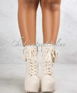 Vendor-unknown JUST IN Monik Nude Faux Leather Side Pocket Chunky High Booties