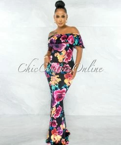 Chic Couture Online JUST IN Connely Black Fuchsia Floral Off-The Shoulder Maxi Dress