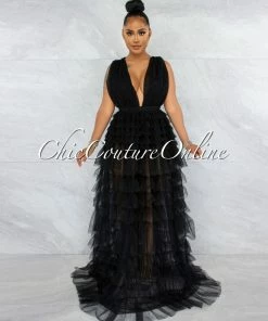 Chic Couture Online Elektra Black Tulle Tier Ruffle Maxi Dress