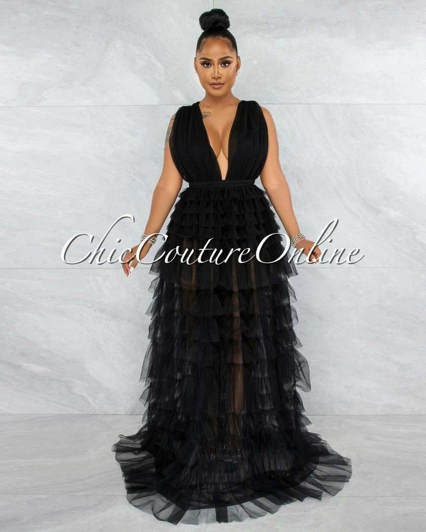 Chic Couture Online Elektra Black Tulle Tier Ruffle Maxi Dress