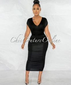 Chic Couture Online Fosta Black Multi-Way Ruched Maxi Dress JUST IN
