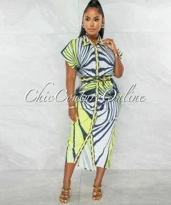 Chic Couture Online Skyler White Navy Blue Buttons Drape Shirt Dress JUST IN