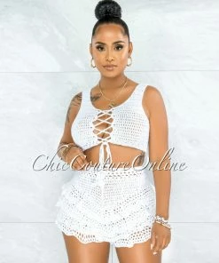 Vendor-unknown Leary Off White Crochet Cover-Up Ruffle Skort Set