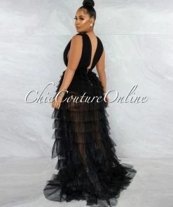 Chic Couture Online Elektra Black Tulle Tier Ruffle Maxi Dress