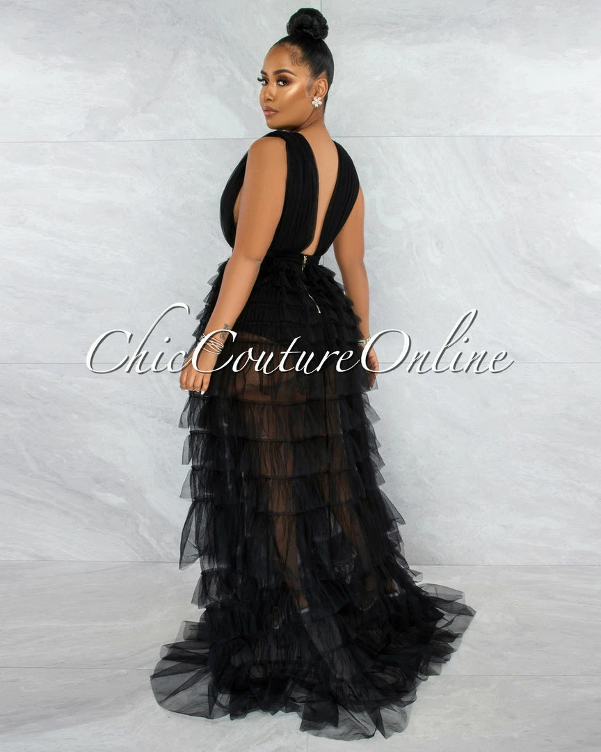 Chic Couture Online Elektra Black Tulle Tier Ruffle Maxi Dress