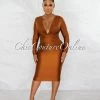 Chic Couture Online Nereida Bronze V-Neck Draped Waistband Midi Dress