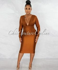 Chic Couture Online Nereida Bronze V-Neck Draped Waistband Midi Dress
