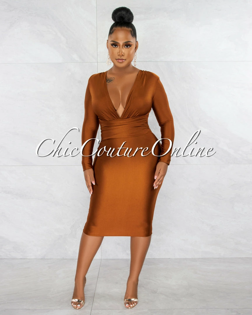 Chic Couture Online Nereida Bronze V-Neck Draped Waistband Midi Dress