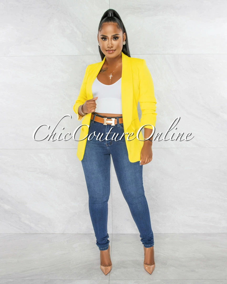 Chic Couture Online Stephanelle Yellow Ruched Sleeves Long Blazer