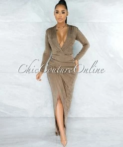 Vendor-unknown Nuriel Mocha Shimmer V-Neck Draped Wrap Bottom Maxi Dress JUST IN