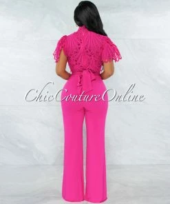 Vendor-unknown Charity Fuchsia Crochet See-Thru Top Ruffle Sleeves Jumpsuit JUST IN