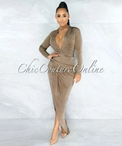 Vendor-unknown Nuriel Mocha Shimmer V-Neck Draped Wrap Bottom Maxi Dress JUST IN