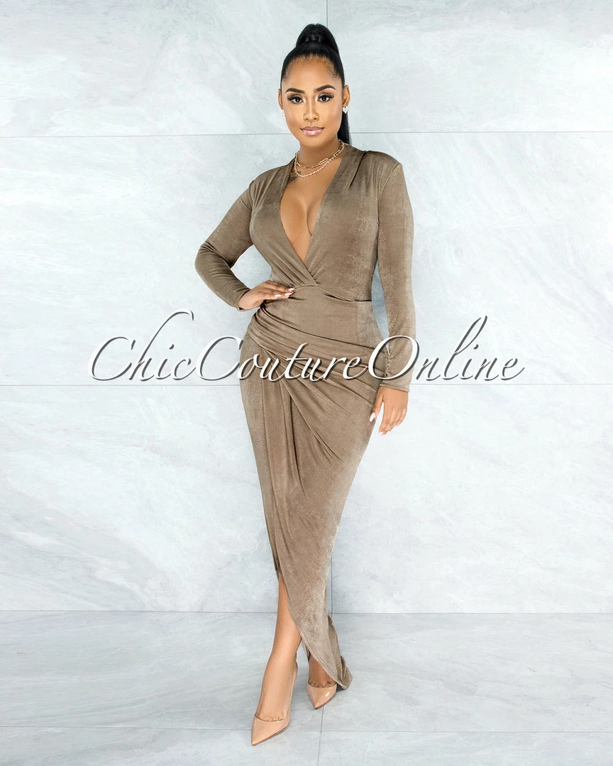 Vendor-unknown Nuriel Mocha Shimmer V-Neck Draped Wrap Bottom Maxi Dress JUST IN
