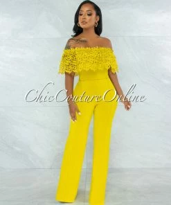 Vendor-unknown Amaretto Lime Off-The Shoulder Crochet Top Jumpsuit JUST IN