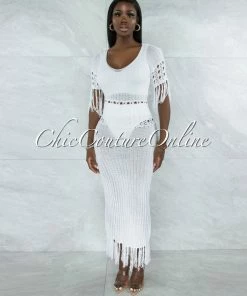 Vendor-unknown JUST IN Casina Off-White Crochet Cover-Up Fringe Maxi Dress