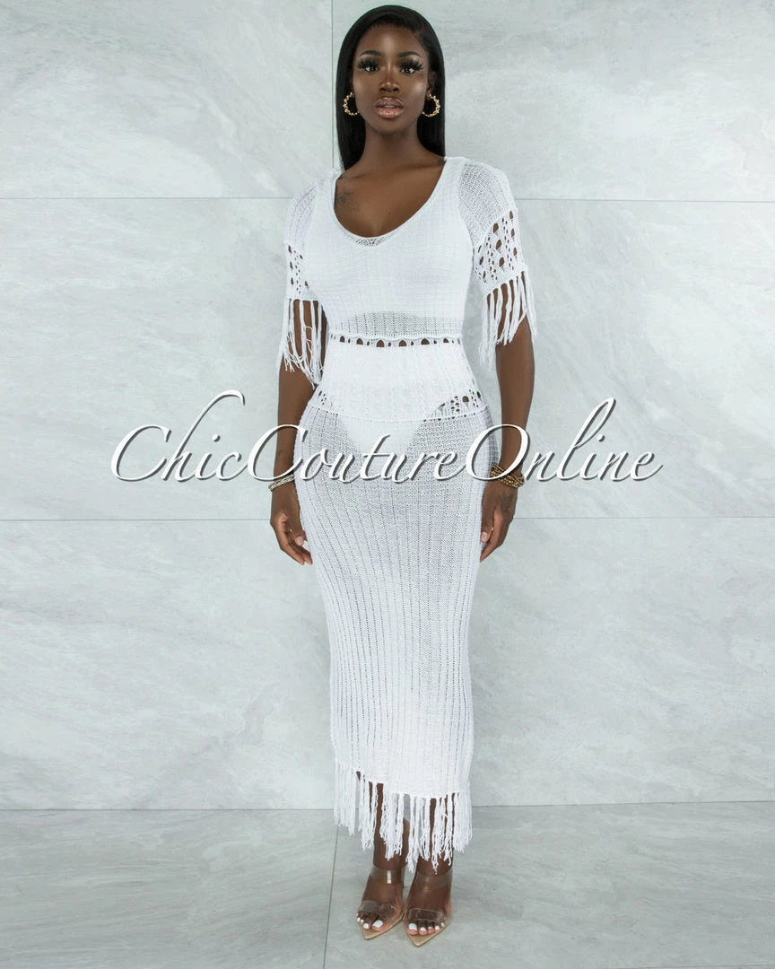 Vendor-unknown JUST IN Casina Off-White Crochet Cover-Up Fringe Maxi Dress