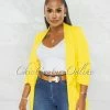 Chic Couture Online Stephanelle Yellow Ruched Sleeves Long Blazer
