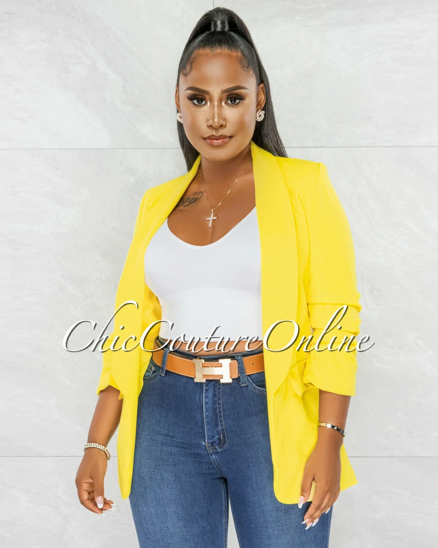 Chic Couture Online Stephanelle Yellow Ruched Sleeves Long Blazer