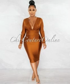 Chic Couture Online Nereida Bronze V-Neck Draped Waistband Midi Dress