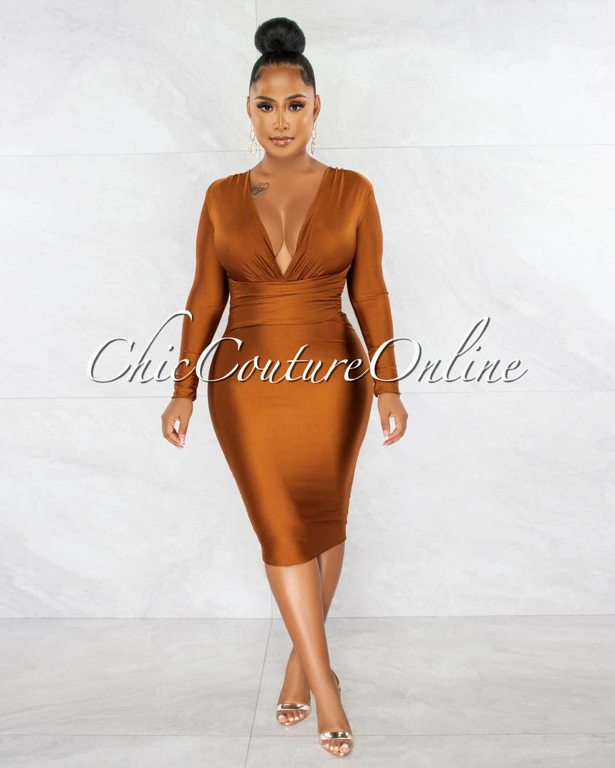 Chic Couture Online Nereida Bronze V-Neck Draped Waistband Midi Dress