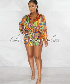 Chic Couture Online Cavender Multi Color Retro Print Deep V-Neck Romper