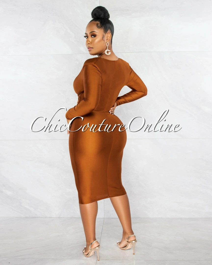 Chic Couture Online Nereida Bronze V-Neck Draped Waistband Midi Dress