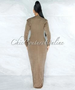 Vendor-unknown Nuriel Mocha Shimmer V-Neck Draped Wrap Bottom Maxi Dress JUST IN