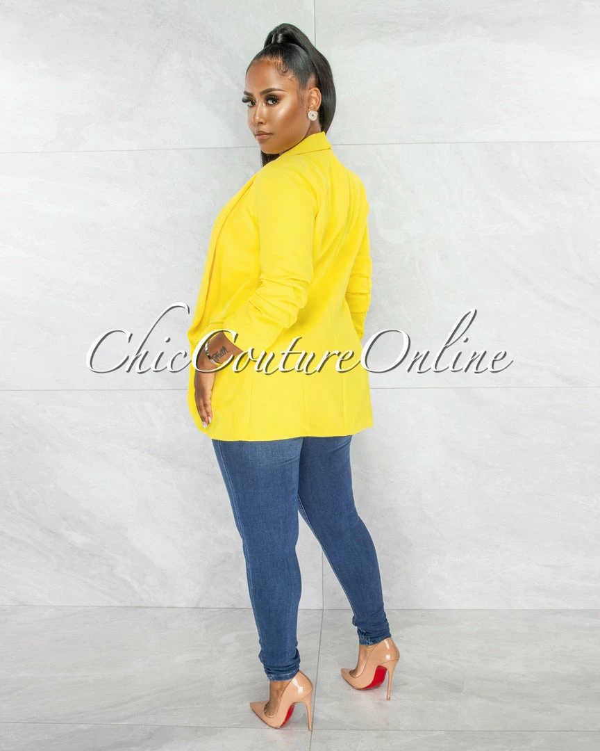 Chic Couture Online Stephanelle Yellow Ruched Sleeves Long Blazer